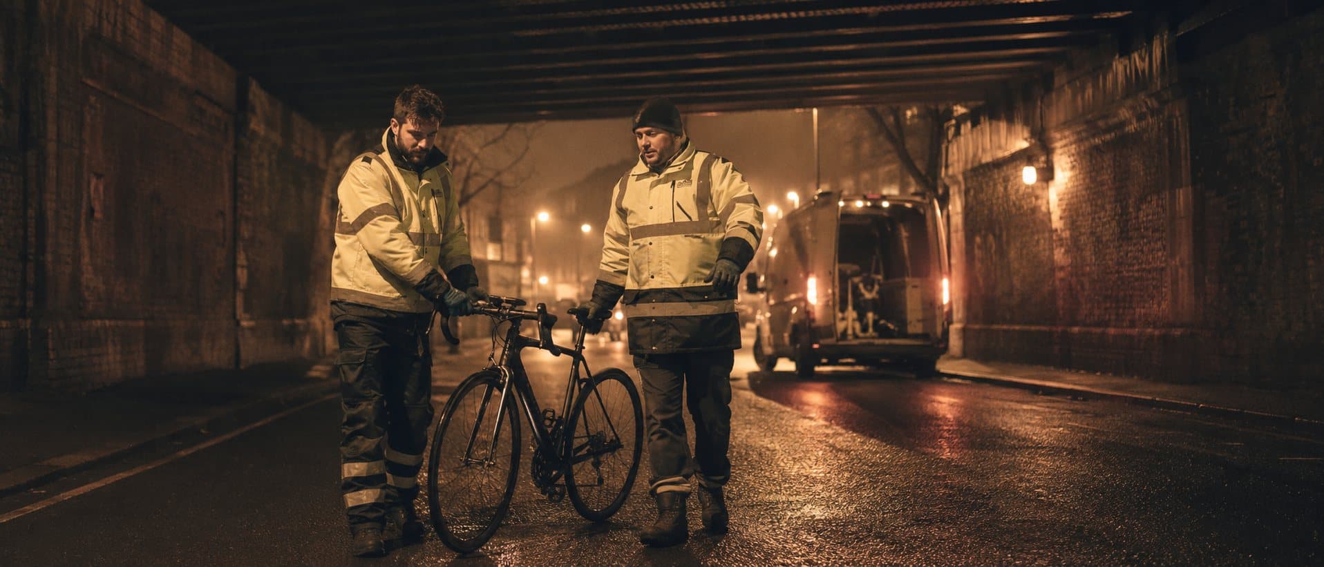 An Elloowe recovery crew wheeling a recovered bike back to the van under a railway bridge at night