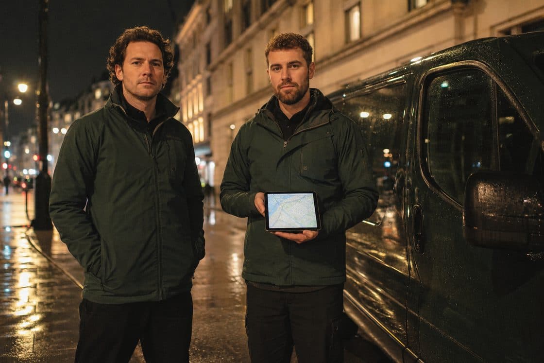 A two-person recovery crew beside their van on a wet London street at night