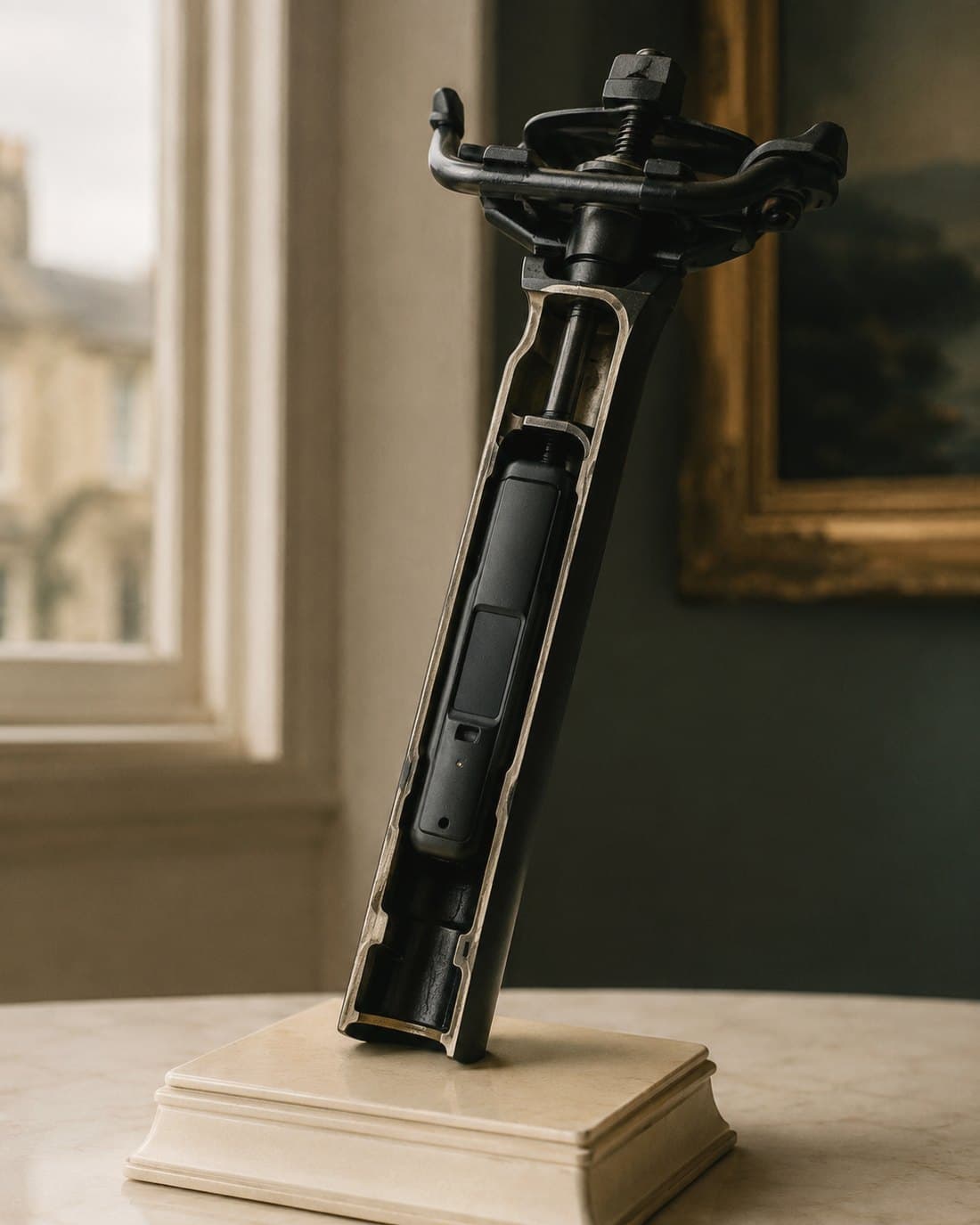 Cross-section of a seatpost revealing the concealed tracker inside
